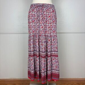 Knox Rose Pull On Midi Skirt Floral High Low Hem Size S Drawstring Tiered Hippie